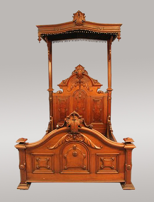 What would a Stevens Auction sale be without a gorgeous walnut Victorian half tester bed? This one in the March 7 auction is full-size and heavily carved. Stevens Auction Co. image